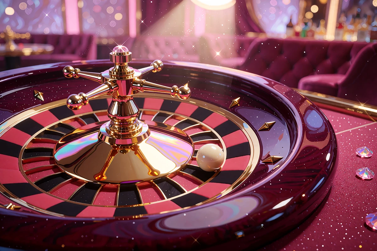 Luksusowe koło ruletki z kością słoniową kulą na malinowym stole w klubowym salonie - gry live casino w Iris