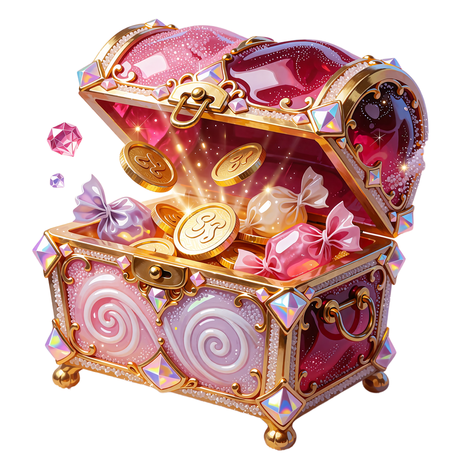 Skrzynia z malinowej polewy cukierkowej ze złotymi ozdobami, z kt&oacute;rej sypią się monety, cukierki i klejnoty - loot box w Bonus Shop