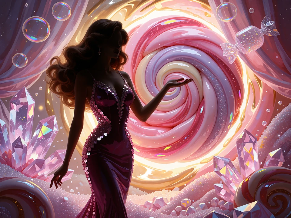 Sylwetka eleganckiej hostessy na tle r&oacute;żowego portalu z kryształami - live casino w klimacie candy club