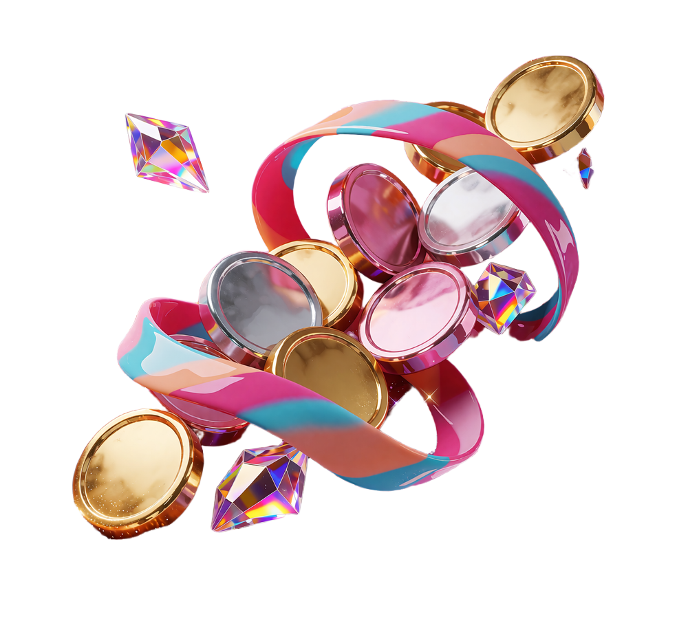 Kaskada złotych, srebrnych i r&oacute;żowych monet ze wstęgą candy - wypłaty krypto w Iris Casino