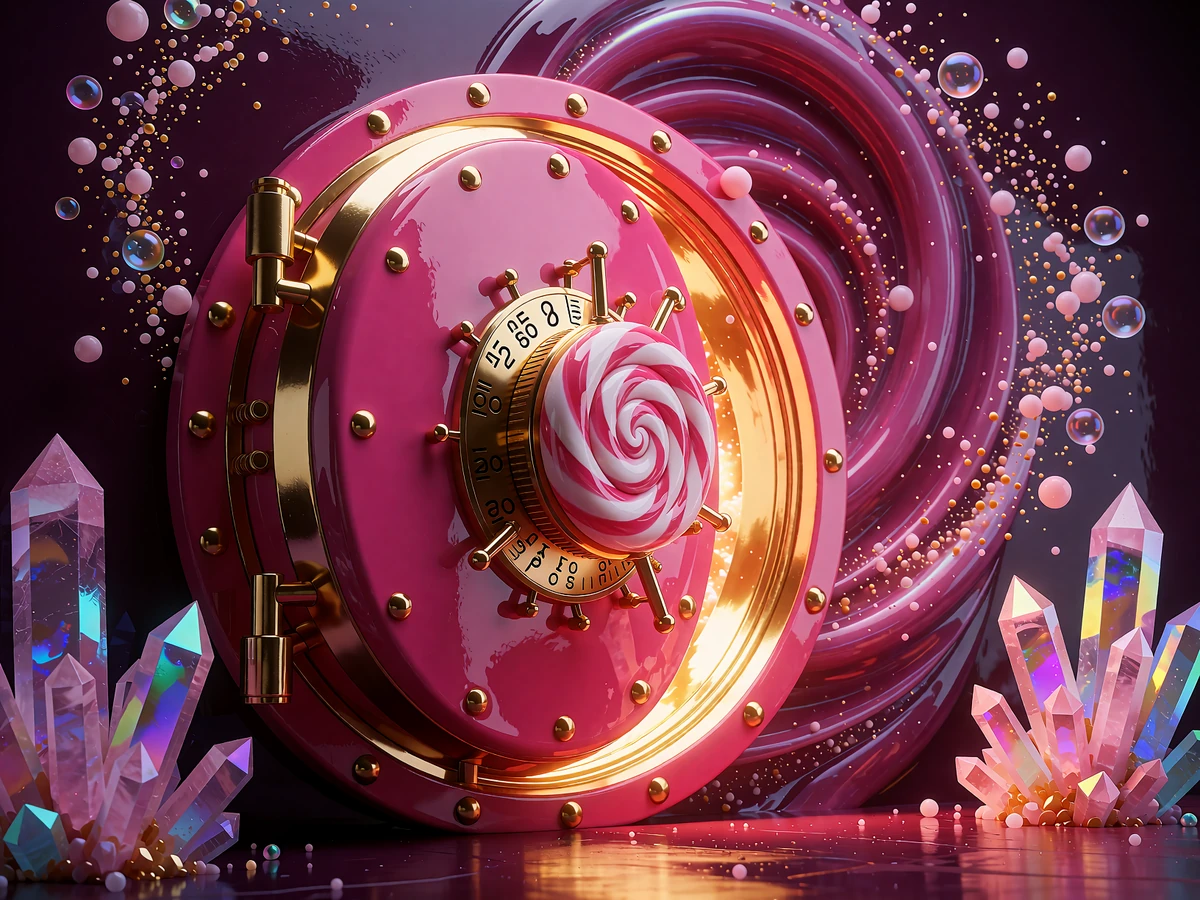 R&oacute;żowy sejf w stylu candy z lizakiem jako pokrętłem - weryfikacja KYC w Iris Casino